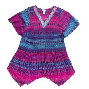 Catherines Pink Blue Medallion Pleated Rhinestone V-Neck Tunic Top 1X 18/20W